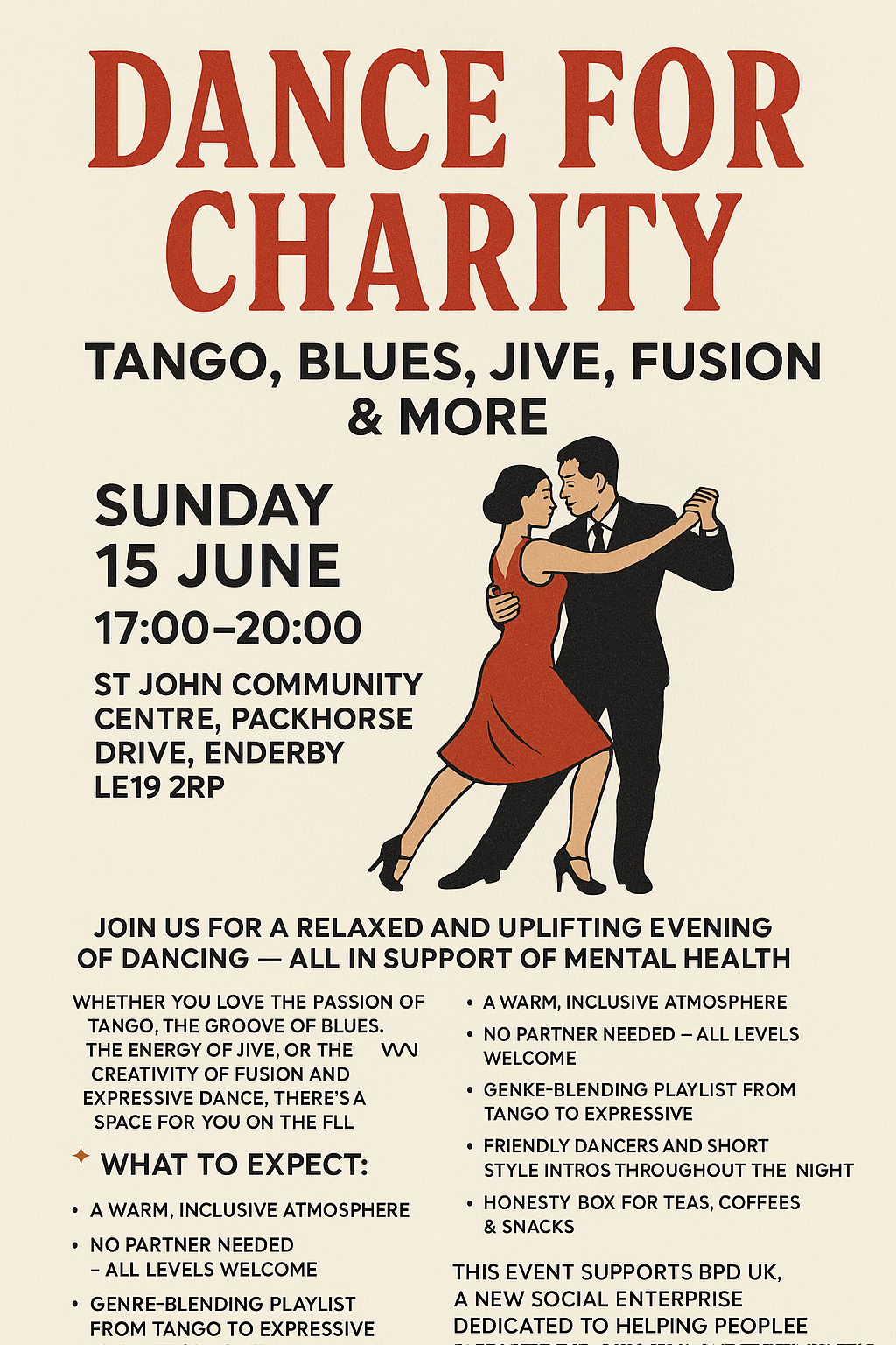 Alternative, Fusion, Dance, Charity, Tango, Jive, Blues, Fundraiser